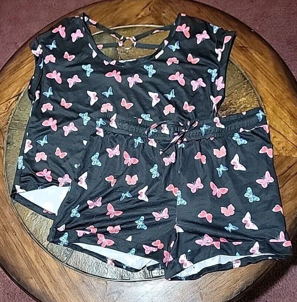 No Boundaries 2 pc Short Sleepwear Set Pajama Black Butterflies Juniors XXL (19)